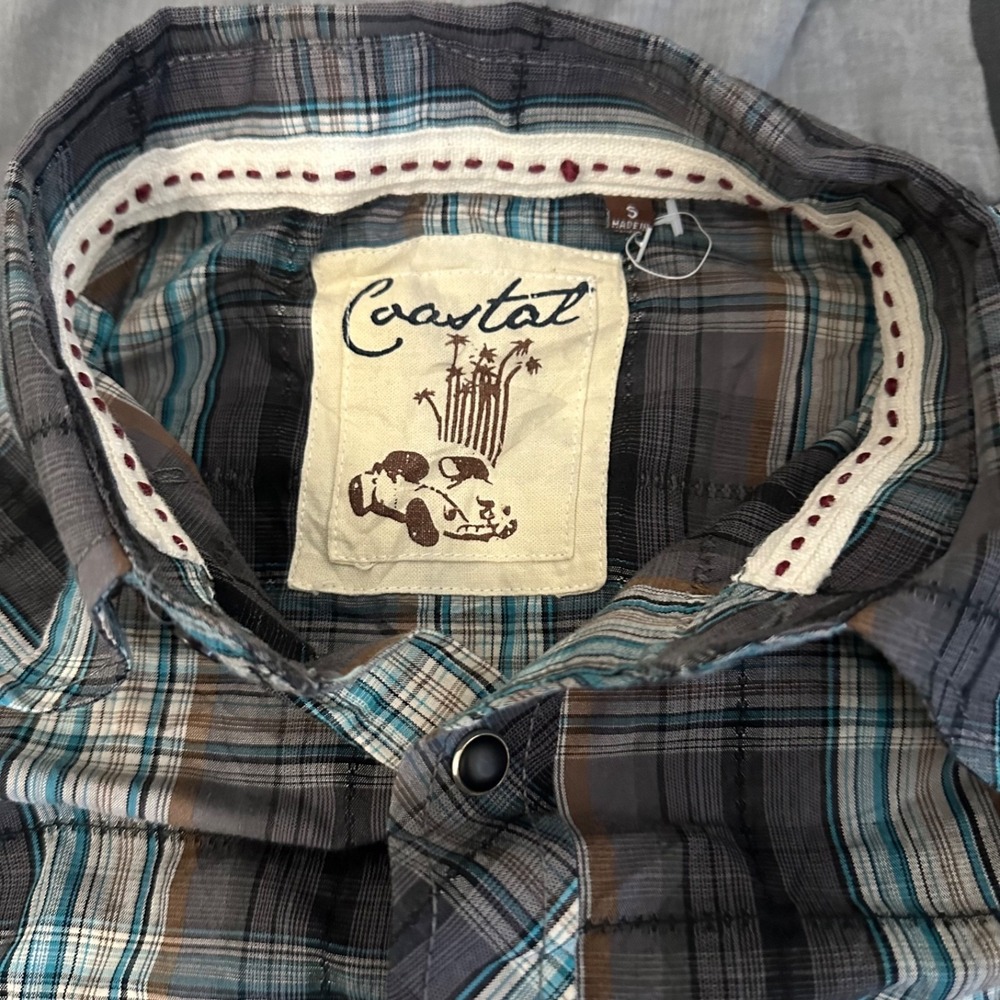 Coastal Shirt Mens Small Blue Gray Plaid Western Pearl Snap Long Sleeve Cotton - Picture 3 of 5